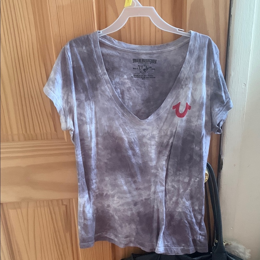 True Religion Women's Short Sleeve Tie-Dye Tee - Gray and White